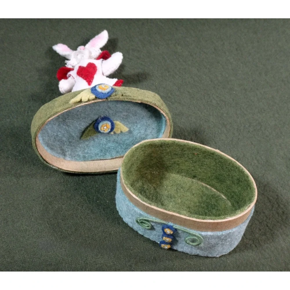 UNUSUAL felt pin cushion White Rabbit trinket box HANDCRAFTED